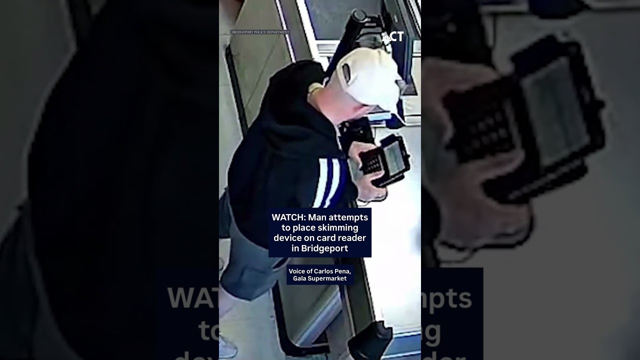 Watch as man attempts to place skimming device on card reader in Bridgeport