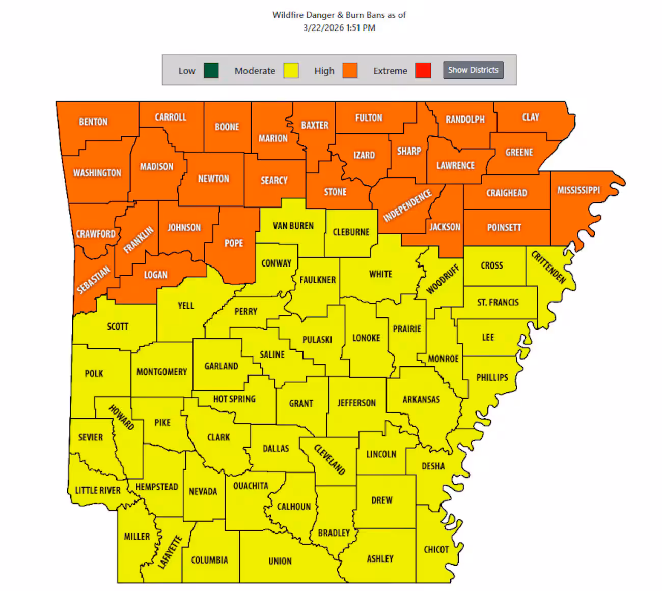 Several Northeast Arkansas counties issued burn bans Sunday in response to dry and windy conditions.(Arkansas Forestry Division)
