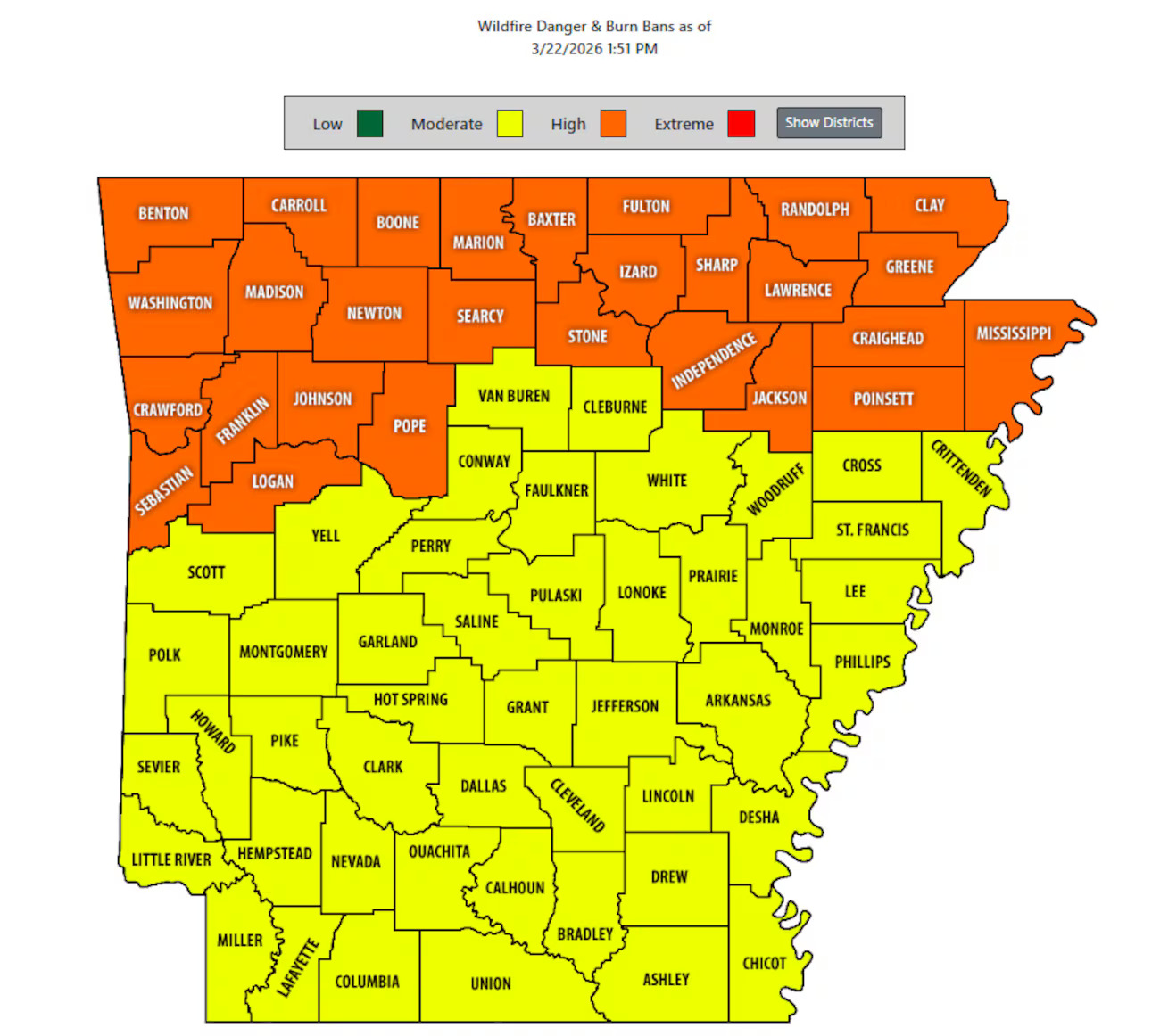 Several Northeast Arkansas counties issued burn bans Sunday in response to dry and windy conditions.(Arkansas Forestry Division)
